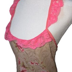 Pink and Tan Lace Chemise with Floral Details